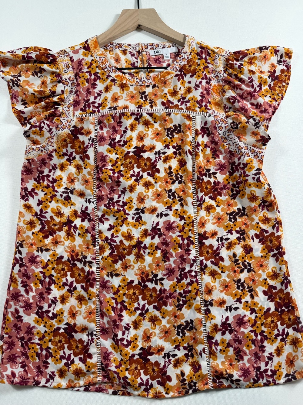 DR2 Floral Flutter Sleeve Blouse Cottagecore Prairie Boho Romantic Top S